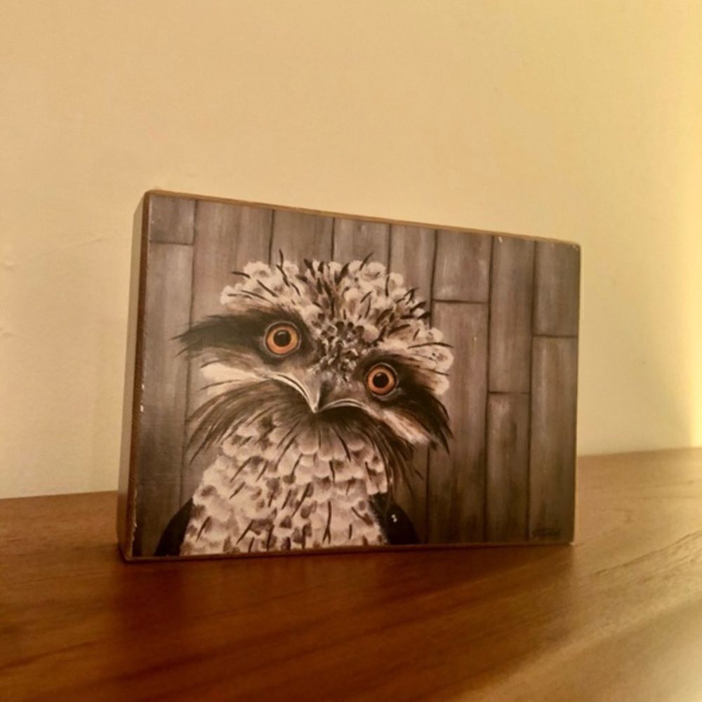 VNT 70’s Owl ? Funny Bird painting on wood block, signed original retro Kitsch 💕
